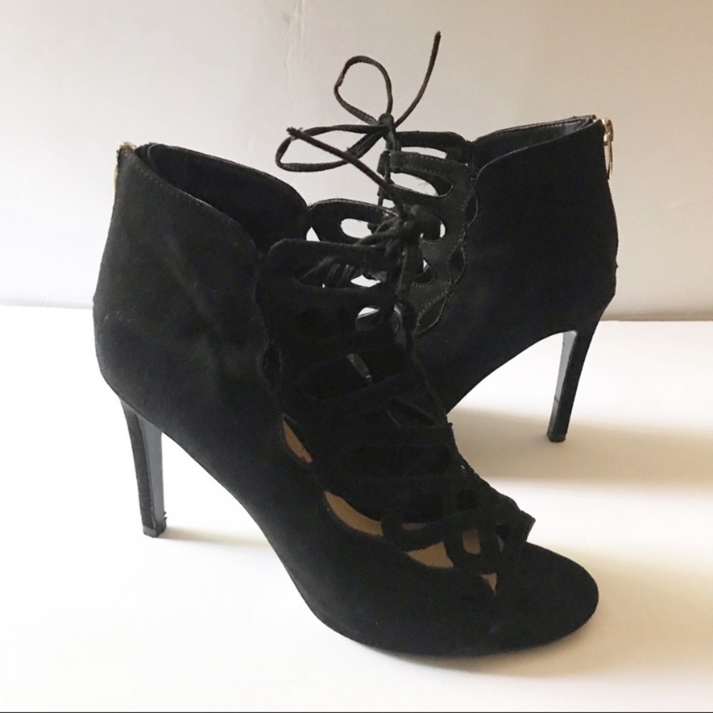 Marc Fisher Black Suede Corset Lace Up Bottie Open Toe Heel Shoes - Picture 2 of 8